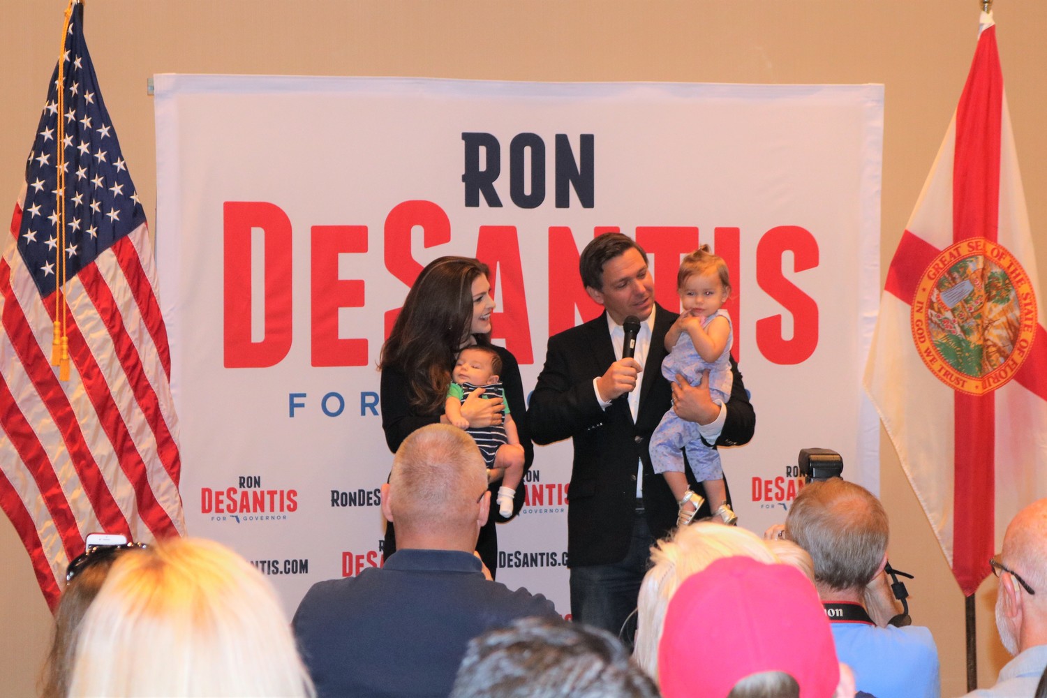 Congressman and Florida Gubernatorial Candidate Ron DeSantis (R-FL) addresses attendees of his campaign event in Ponte Vedra Beach June 23 alongside his wife, Casey, and two children.